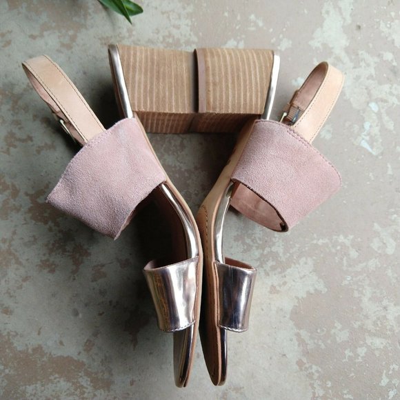 TOMS Poppy Metallic Sandals Size 10 Pink Rose Gold Strappy Block Heel Suede - Picture 4 of 8